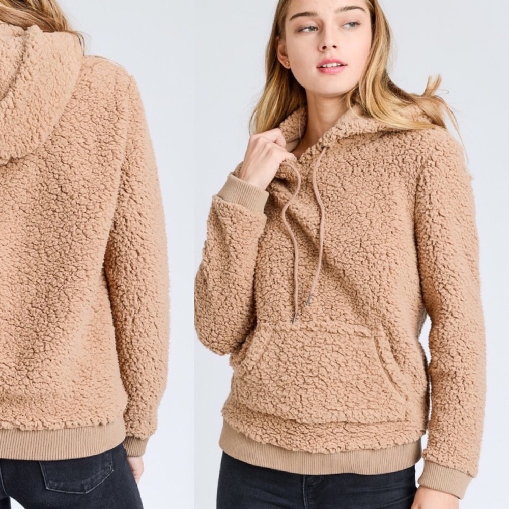 Camel Teddy Hoodie, Sherpa Cozy Knit Sweater - Picture 2 of 9